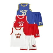 Fdqin Boys Athletic Shorts Set 6 Pieces Basketball Jersey Outfits for Kids Sleeveless Tank Top and Shorts Summer Activewear White Red Blue 4-5Years