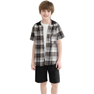 Fdqin Boys Shorts Sets 2Pcs Plaid Short Sleeve Hooded Button Shirt and Jogger Shorts Summer Outfits for Kids Black 13-14 Years