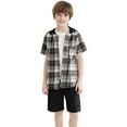 thumbnail image 1 of Fdqin Boys Shorts Sets 2Pcs Plaid Short Sleeve Hooded Button Shirt and Jogger Shorts Summer Outfits for Kids Black 5-6 Years, 1 of 7