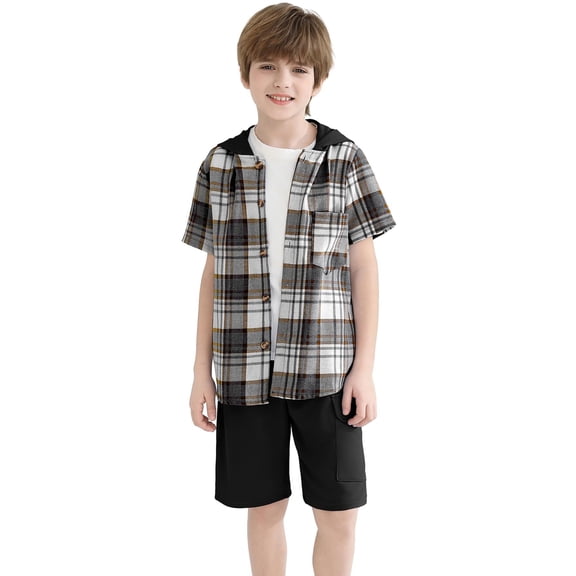 Fdqin Boys Shorts Sets 2Pcs Plaid Short Sleeve Hooded Button Shirt and Jogger Shorts Summer Outfits for Kids Black 7-8 Years