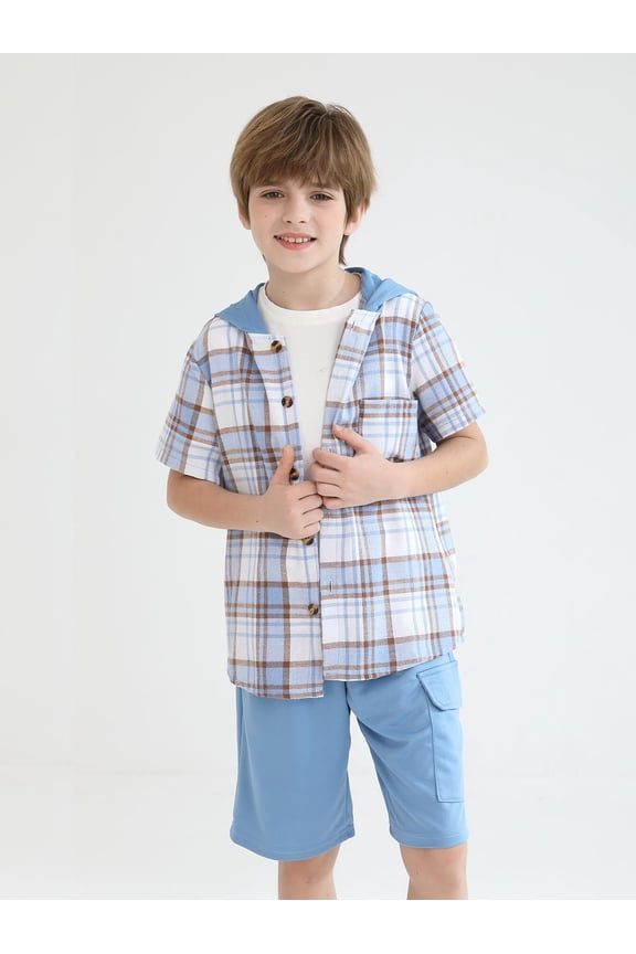 Boys Shorts Sets 2Pcs Plaid Short Sleeve Hooded Button Shirt and Jogger Shorts Summer Outfits for Kids Blue 11-12 Years