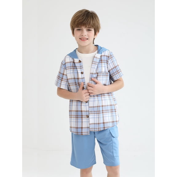 Fdqin Boys Shorts Sets 2Pcs Plaid Short Sleeve Hooded Button Shirt and Jogger Shorts Summer Outfits for Kids Blue 7-8 Years