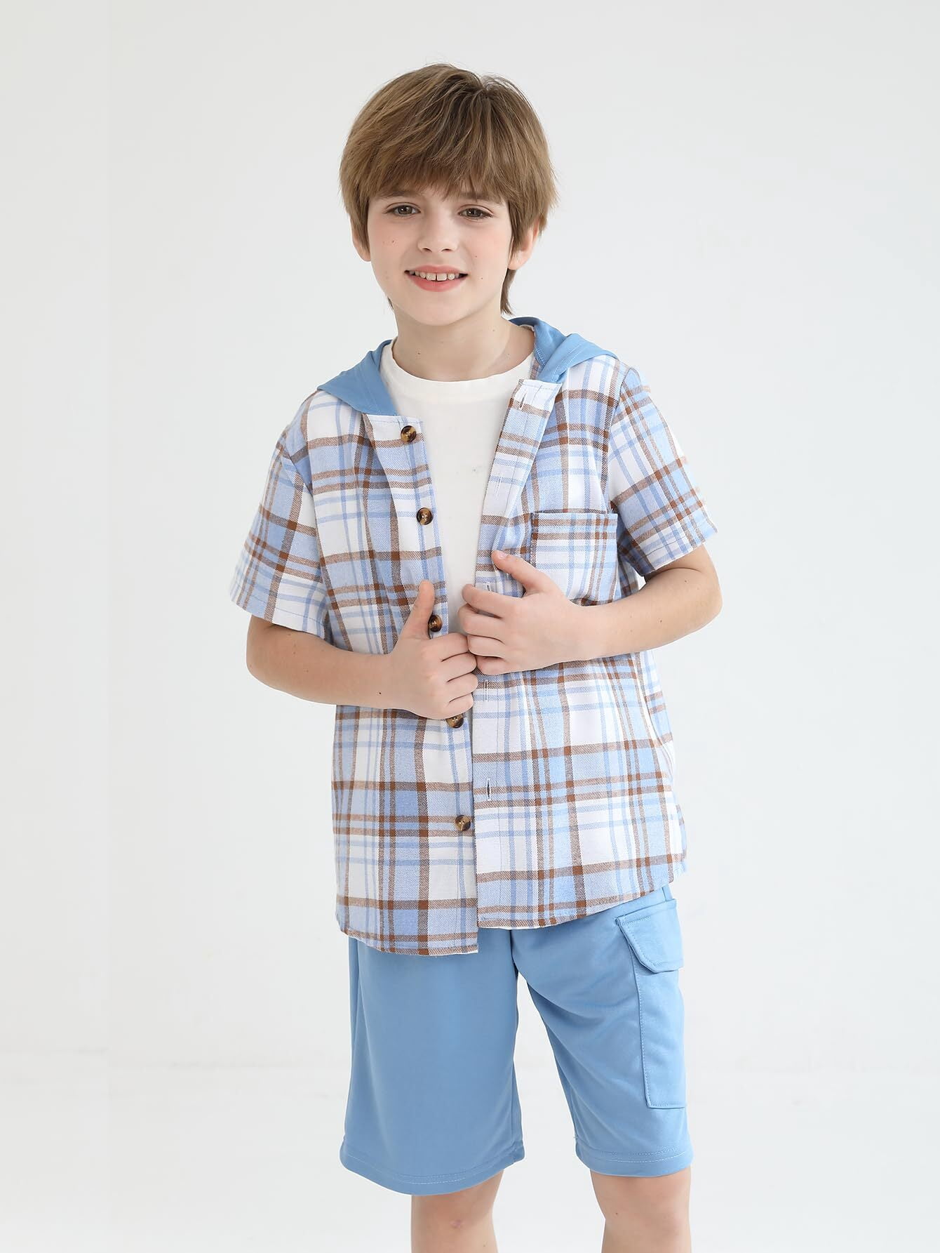 Fdqin Boys Shorts Sets 2Pcs Plaid Short Sleeve Hooded Button Shirt and Jogger Shorts Summer Outfits for Kids Blue 9-10 Years