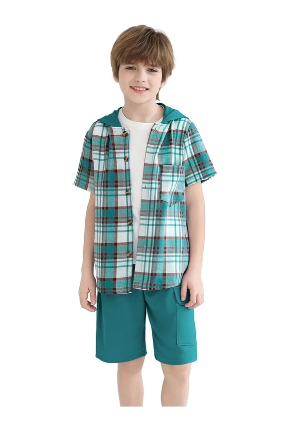 Boys Shorts Sets 2Pcs Plaid Short Sleeve Hooded Button Shirt and Jogger Shorts Summer Outfits for Kids Green 3-4 Years