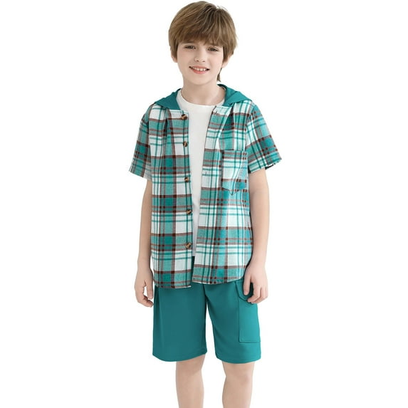 Fdqin Boys Shorts Sets 2Pcs Plaid Short Sleeve Hooded Button Shirt and Jogger Shorts Summer Outfits for Kids Green 5-6 Years