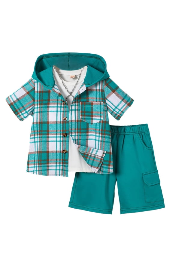 Boys Shorts Sets 2Pcs Plaid Short Sleeve Hooded Button Shirt and Jogger Shorts Summer Outfits for Kids Green 9-10 Years