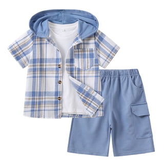 Fdqin Boys Shorts Sets 2Pcs Plaid Short Sleeve Hooded Button Shirt and Jogger Shorts Summer Outfits for Kids Light Blue 5-6 Years