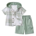 thumbnail image 1 of Fdqin Boys Shorts Sets 2Pcs Plaid Short Sleeve Hooded Button Shirt and Jogger Shorts Summer Outfits for Kids Light Green 5-6 Years, 1 of 9