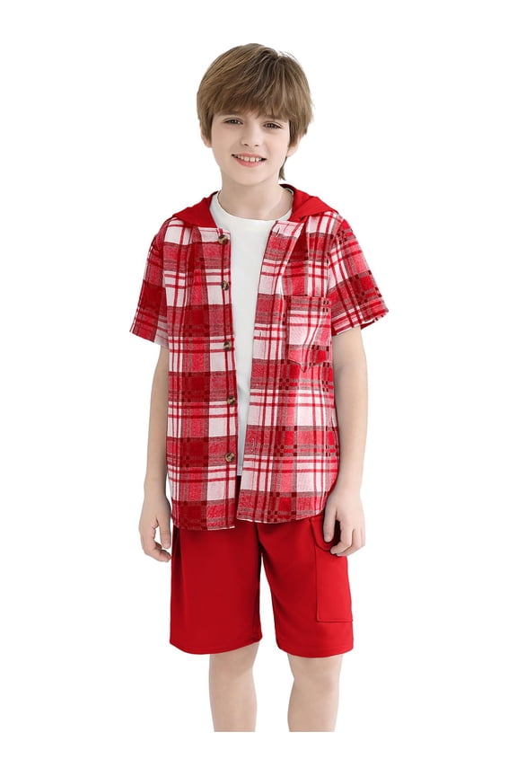 Boys Shorts Sets 2Pcs Plaid Short Sleeve Hooded Button Shirt and Jogger Shorts Summer Outfits for Kids Red 11-12 Years