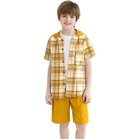 Fdqin Boys Shorts Sets 2Pcs Plaid Short Sleeve Hooded Button Shirt and Jogger Shorts Summer Outfits for Kids Yellow 4-5 Years