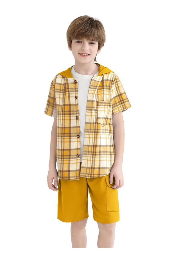Boys Shorts Sets 2Pcs Plaid Short Sleeve Hooded Button Shirt and Jogger Shorts Summer Outfits for Kids Yellow 7-8 Years