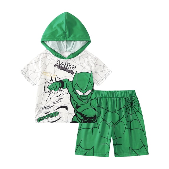 Fdqin Boys Shorts Sets 2Pcs Spider Print Sports Short Sleeve Hooded and Active Shorts Summer Outfits for Kids Green 4-5 Years