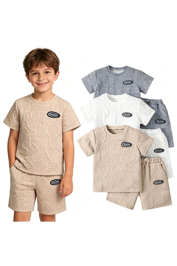 Boys Shorts Sets 6Pcs Letter Print Texture Short Sleeve T-Shirt and Sports Shorts Summer Outfits for Kids Khaki White Grey 9-10 Years