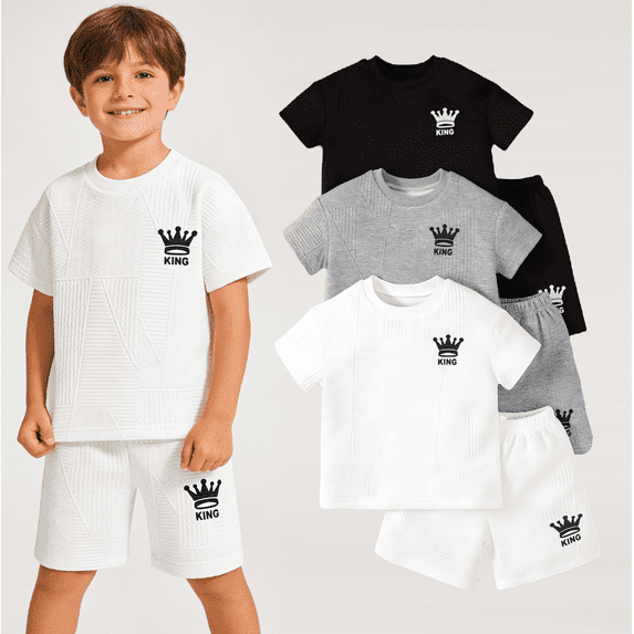 Fdqin Boys Shorts Sets 6Pcs Letter Print Texture Short Sleeve T-Shirt and Sports Shorts Summer Outfits for Kids White Grey Black 5-6 Years