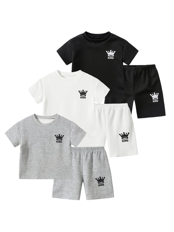 Boys Shorts Sets 6Pcs Letter Print Texture Short Sleeve T-Shirt and Sports Shorts Summer Outfits for Kids White Grey Black 9-10 Years