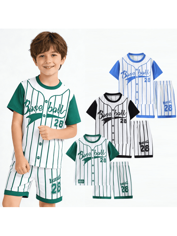 Boys Shorts Sets 6Pcs Quick Drying Baseball Short Sleeve T-Shirt and Sports Shorts Summer Outfits for Kids Green Black Blue 9-10 Years