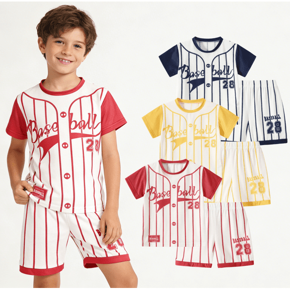 Fdqin Boys Shorts Sets 6Pcs Quick Drying Baseball Short Sleeve T-Shirt and Sports Shorts Summer Outfits for Kids Red Yellow Black 5-6 Years