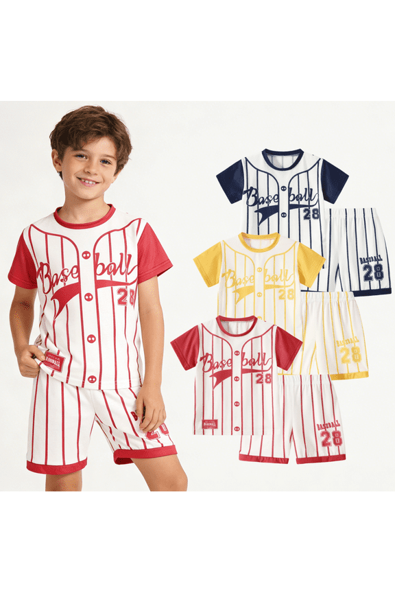 Boys Shorts Sets 6Pcs Quick Drying Baseball Short Sleeve T-Shirt and Sports Shorts Summer Outfits for Kids Red Yellow Black 7-8 Years