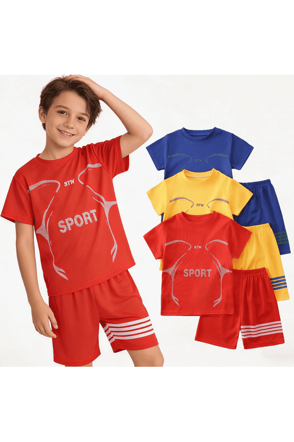 Boys Shorts Sets 6Pcs Quick Drying Sports Short Sleeve T-Shirt and Active Shorts Summer Outfits for Kids Red Yellow Blue 7-8 Years