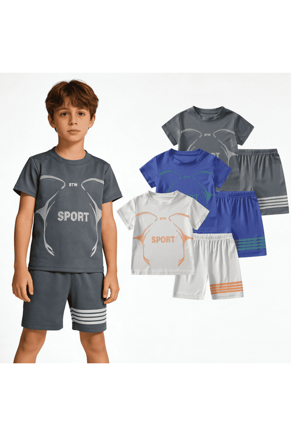 Boys Shorts Sets 6Pcs Quick Drying Sports Short Sleeve T-Shirt and Active Shorts Summer Outfits for Kids White Blue Grey 9-10 Years