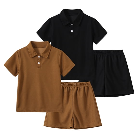 Fdqin Boys Summer Clothes 4 Pcs Button Down Waffle Texture Short Sleeve Shirt and Shorts Sets Beach Vacation Outfit Brown Black 3-4 Years