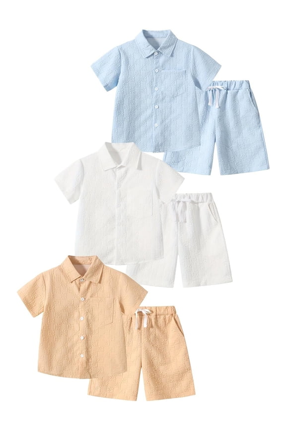 Boys Summer Outfits 6 Pcs Beach Short Sleeve Button Down Shirts and Shorts Vacation Texture Sets for Kids Khaki White Blue 11-12 Years