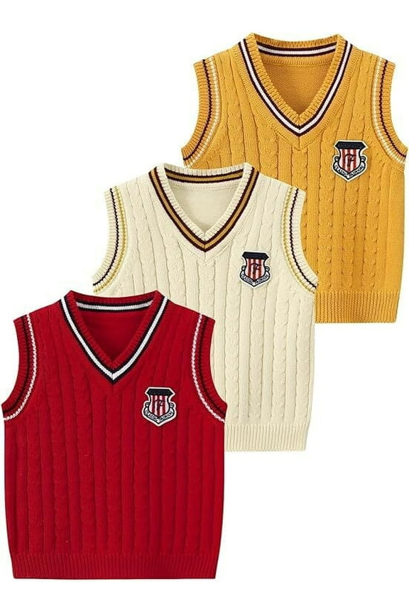 Boys Sweater Vest 3Pcs Cable Knit V Neck Sleeveless Toddler Kid Uniform Vest Pullover Girls Fall Winter Tops 13-14 Years