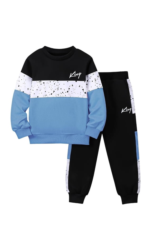 Boys Sweatsuit 2 Pcs Sweatshirt Jogger Pants Set Kids Clothes Fall Winter Spring Pullover Outfits Blue 5-6 Years