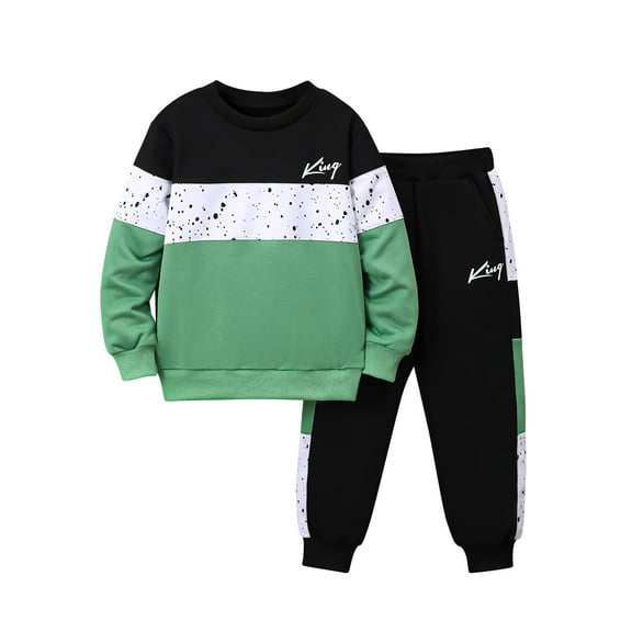 Fdqin Boys Sweatsuit 2 Pcs Sweatshirt Jogger Pants Set Kids Clothes Fall Winter Spring Pullover Outfits Green 5-6 Years
