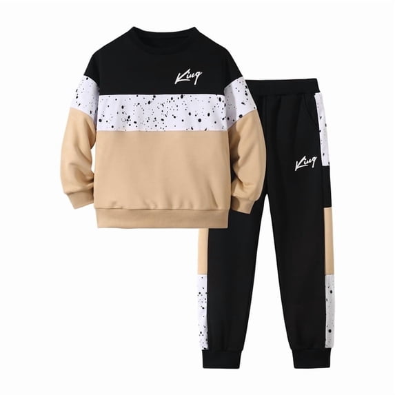 Fdqin Boys Sweatsuit 2 Pcs Sweatshirt Jogger Pants Set Kids Clothes Fall Winter Spring Pullover Outfits Khaki 9-10 Years