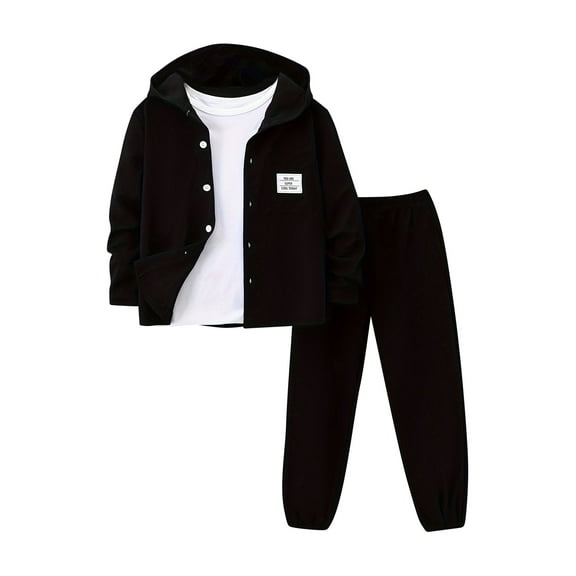 Fdqin Boys Sweatsuit 2 Piece Button Front Hoodie Pants Set for Kids Outfits Fall Winter Clothes Black 5-6 Years