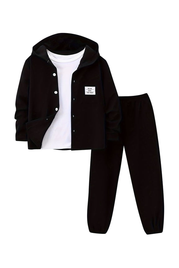 Boys Sweatsuit 2 Piece Button Front Hoodie Pants Set for Kids Outfits Fall Winter Clothes Black 5-6 Years