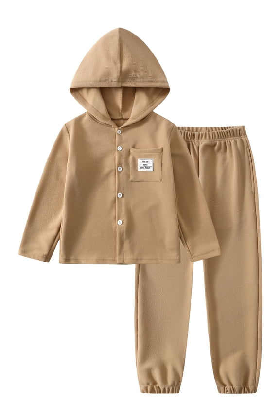 Boys Sweatsuit 2 Piece Button Front Hoodie Pants Set for Kids Outfits Fall Winter Clothes Brown 7-8 Years