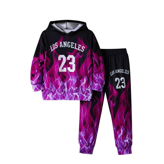 Fdqin Boys Sweatsuit 2 Piece Outfits 3D Print Hooded Pant Set Sweatshirt and Sweatpant Sets Kids Clothes Purple 7-8 Years