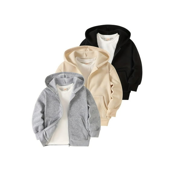 Fdqin Boys Zip Up Hoodie 3Pcs Long Sleeve Sweatshirts Casual Fall Jackets with Pocket Grey Black White 4-5 Years