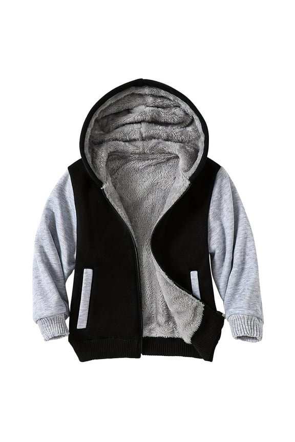 Boys Zip Up Hoodie Fleece Jacket Kids Sherpa Lined Winter Coat Outdoor Warm Sweatshirt Black 13-14 Years