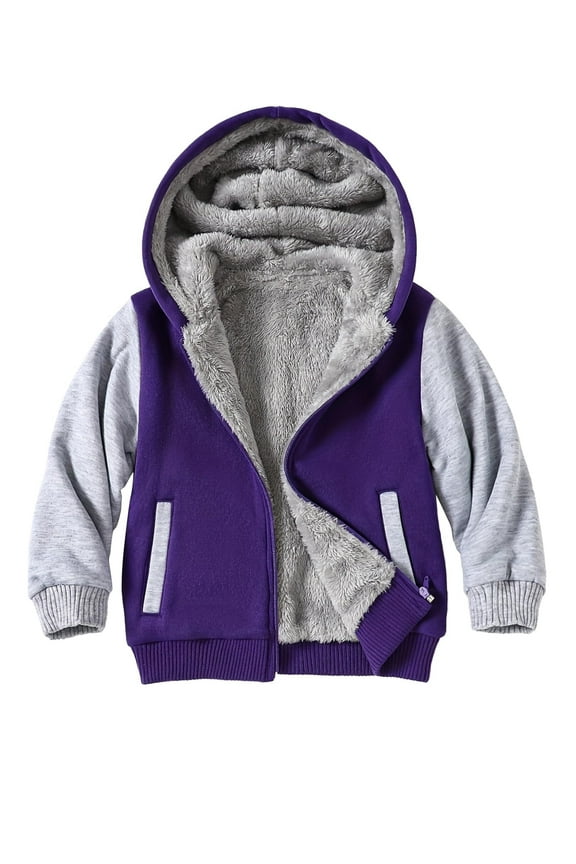 Boys Zip Up Hoodie Fleece Jacket Kids Sherpa Lined Winter Coat Outdoor Warm Sweatshirt Purple 5-6 Years