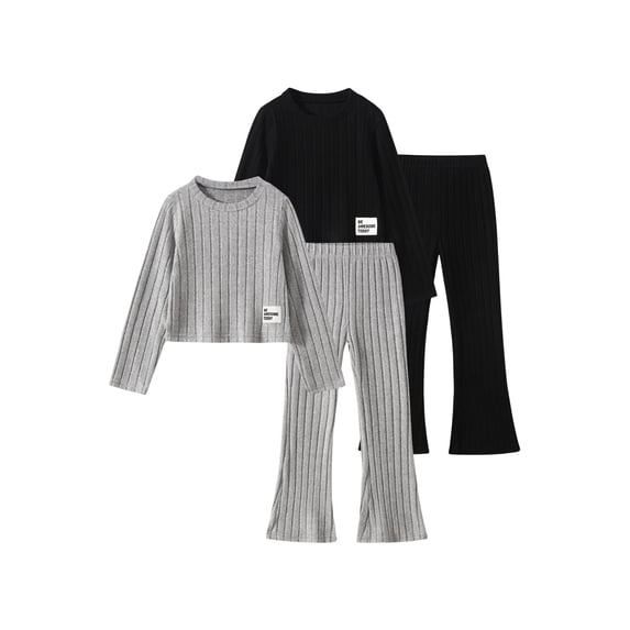 Fdqin Fall Outfits for Girls 4 piece Knit Ribbed Long Sleeve T-Shirts Tops and Pants Autumn and Winter Set Black Grey 4-5 Years