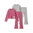 thumbnail image 1 of Fdqin Fall Outfits for Girls 4 piece Knit Ribbed Long Sleeve T-Shirts Tops and Pants Autumn and Winter Set Pink Grey 4-5 Years, 1 of 7