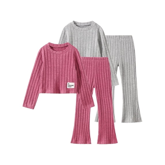 Fdqin Fall Outfits for Girls 4 piece Knit Ribbed Long Sleeve T-Shirts Tops and Pants Autumn and Winter Set Pink Grey 4-5 Years