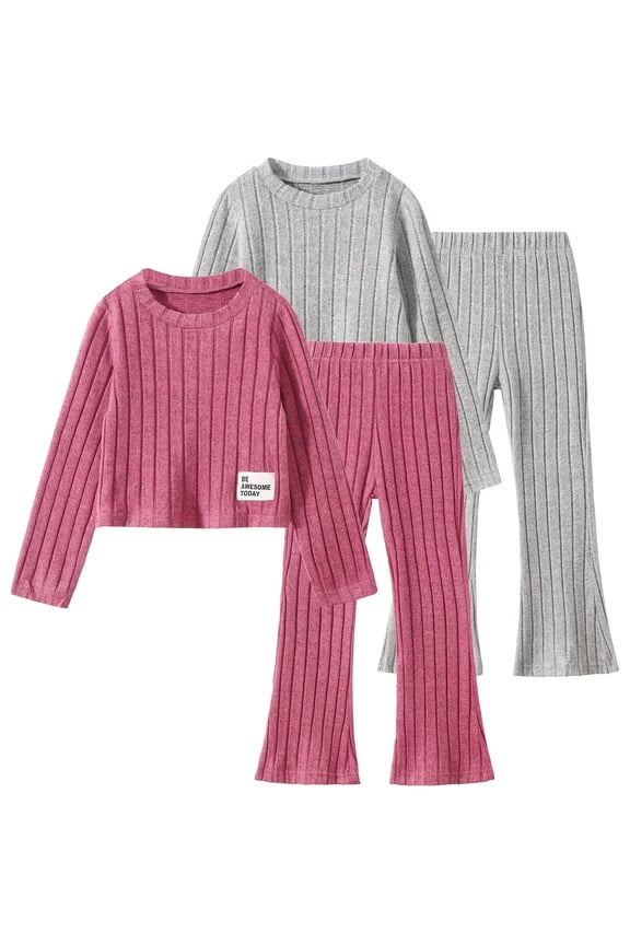 Fall Outfits for Girls 4 piece Knit Ribbed Long Sleeve T-Shirts Tops and Pants Autumn and Winter Set Pink Grey 7-8 Years