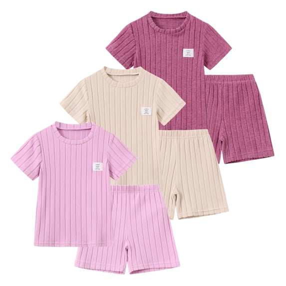 Fdqin Girls 6 Pieces Knited Shorts Set Casual Short Sleeve Tee Tops and Shorts Summer Outfits 11-12Y