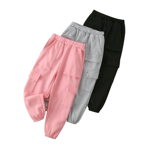 Fdqin Girls Cargo Pants 3 Pcs Casual Elastic Waist Sweatpants Kids Athletic Joggers Pants with Pockets Pink Grey Black 3-4 Years