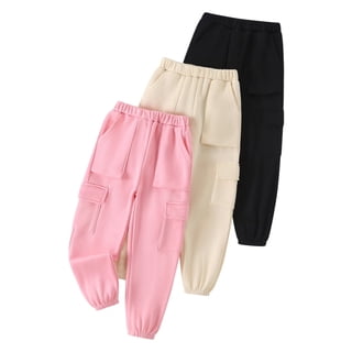 Fdqin Girls Cargo Pants 3 Pcs Casual Elastic Waist Sweatpants Kids Athletic Joggers Pants with Pockets Pink Khaki Black 5-6 Years