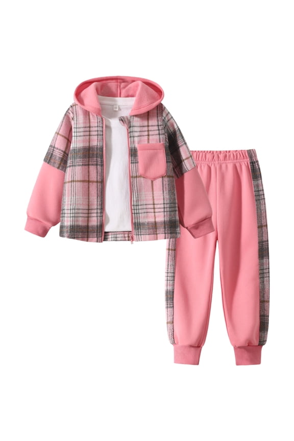 Girls' Clothing sets 2Pcs Flannel Plaid Shirt and Pants Set Hoodie Sweatsuit for Fall Winter Spring Kids Outfit Pink 4-5 Years