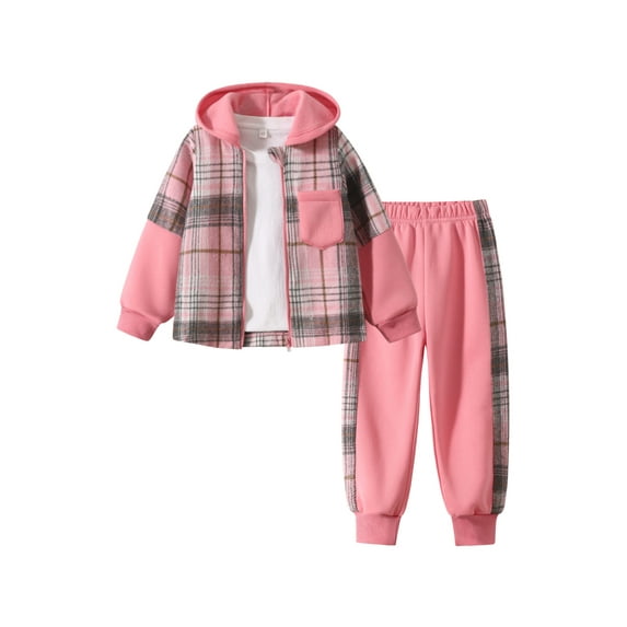 Fdqin Girls' Clothing sets 2Pcs Flannel Plaid Shirt and Pants Set Hoodie Sweatsuit for Fall Winter Spring Kids Outfit Pink 9-10 Years