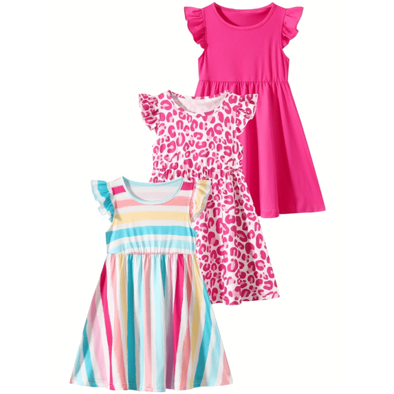 Fdqin Girls Dresses 3Pcs Floral Print Flutter Sleeve Swing Sundress Sleeveless Cute Summer Midi Dresses Casual Kids A-line Dress Colorful Pink Red 5-6 Years