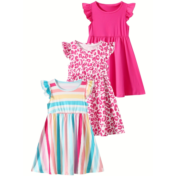 Fdqin Girls Dresses 3Pcs Floral Print Flutter Sleeve Swing Sundress Sleeveless Cute Summer Midi Dresses Casual Kids A-line Dress Colorful Pink Red 7-8 Years