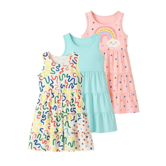 Fdqin Girls Dresses 3Pcs Floral Print Swing Sundress Sleeveless Cute Summer Midi Dresses Casual Kids Tank Dresses Colorful Blue Pink 11-12 Years