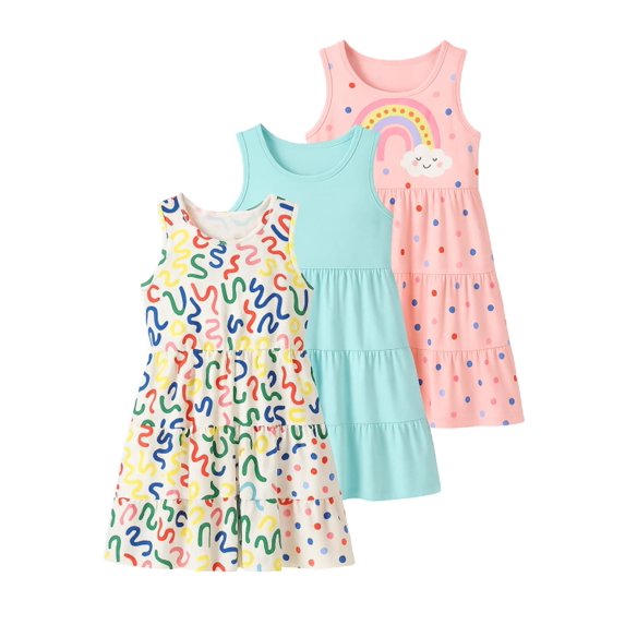 Fdqin Girls Dresses 3Pcs Floral Print Swing Sundress Sleeveless Cute Summer Midi Dresses Casual Kids Tank Dresses Colorful Blue Pink 9-10 Years